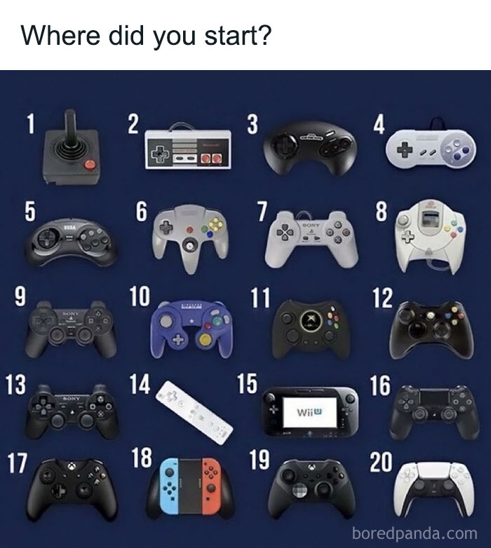 Various retro and modern video game controllers arranged in a grid evoking 90s kids nostalgia.