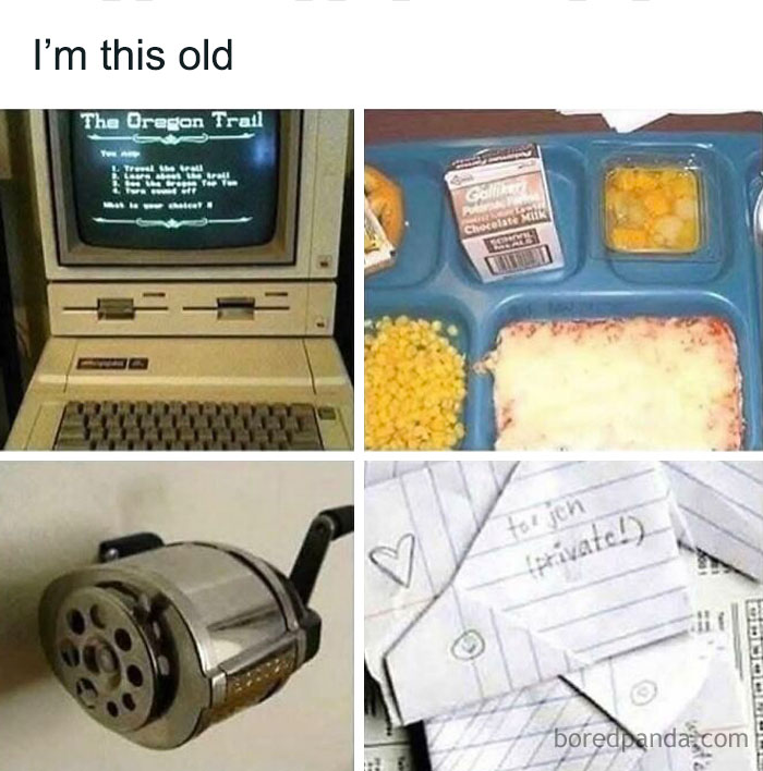 Old 90s kids nostalgia featuring vintage computer games, school lunch trays, manual pencil sharpener, and folded paper notes.