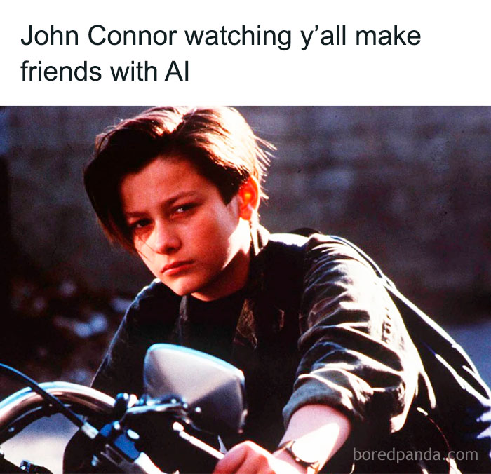 Teen John Connor from the 90s sitting on a motorcycle with a serious expression, evoking 90s kids nostalgia.