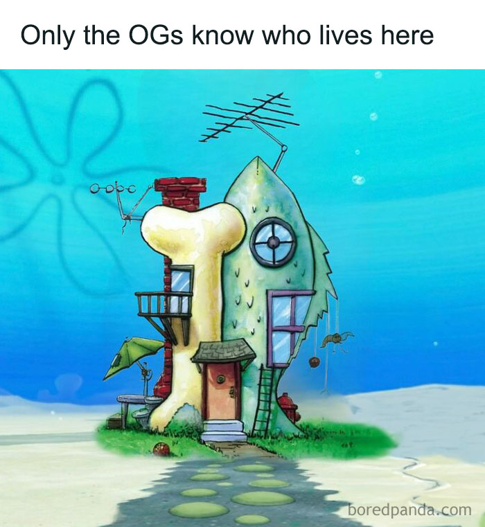 90s kids nostalgia featuring the iconic underwater house shaped like a fish and bone from a popular animated show.