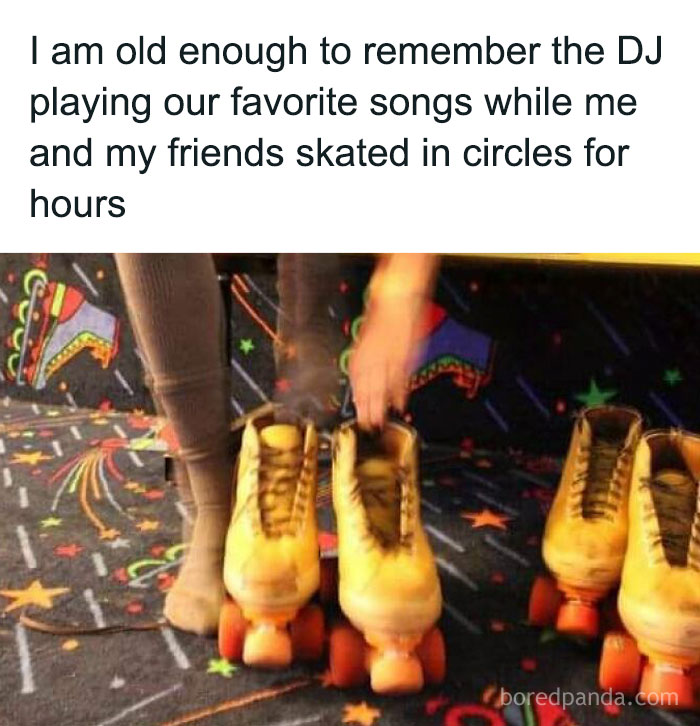 Person putting on vintage roller skates at a colorful rink evoking 90s kids nostalgia and childhood memories.