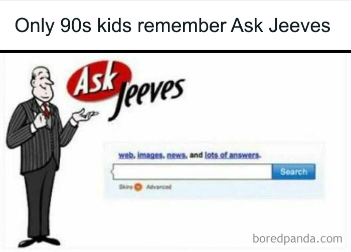 Ask Jeeves search engine interface with cartoon butler, evoking 90s kids nostalgia and vintage internet memories.