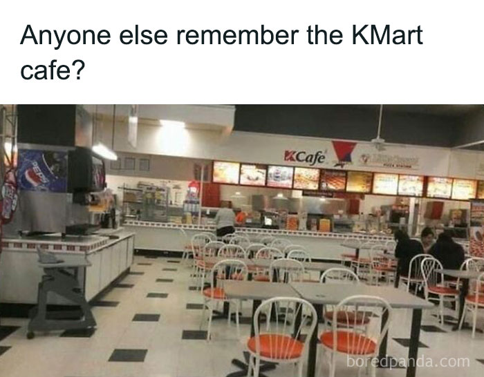 Empty KMart cafe interior with retro chairs and counters evoking 90s kids nostalgia for classic shopping mall dining.