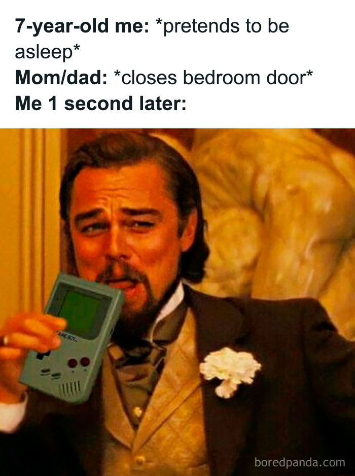 Leonardo DiCaprio holding a retro Game Boy, capturing 90s kids nostalgia with a humorous childhood memory.