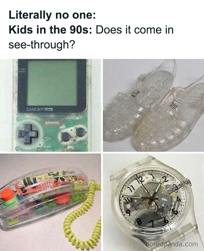 90s kids nostalgia showing see-through Game Boy, jelly shoes, clear phone, and transparent watch from the 90s era.