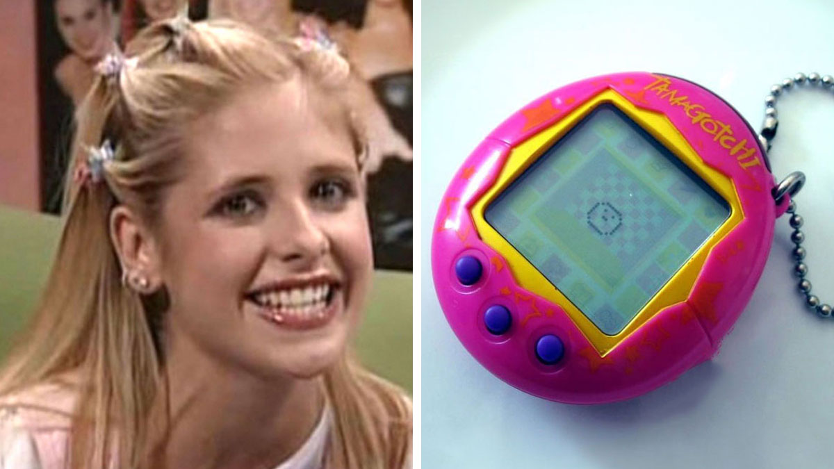 90s kids nostalgia with a smiling girl from a 90s TV show and a pink Tamagotchi digital pet toy on white background