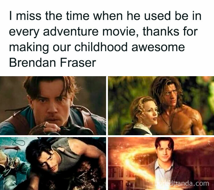 Brendan Fraser nostalgic '90s movie scenes collage celebrating childhood adventure films and nostalgia club memories.
