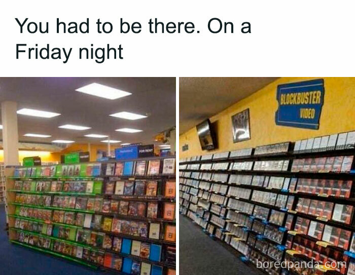 Empty Blockbuster Video store shelves with movies and games on display, evoking ‘90s nostalgia memories.