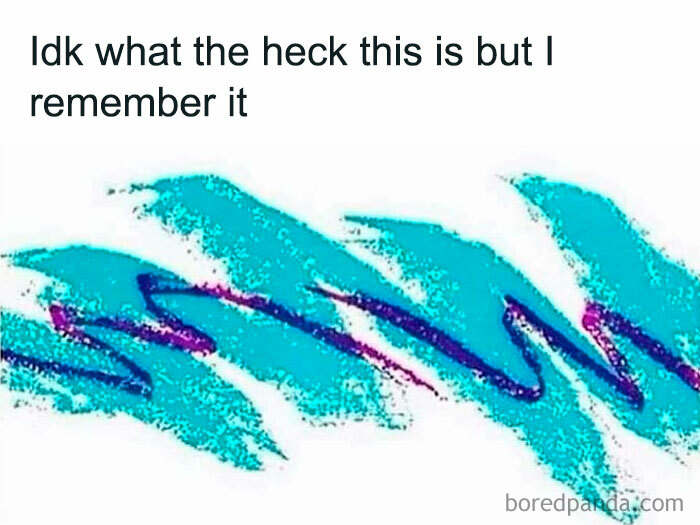 Abstract blue and purple brushstroke design with caption expressing nostalgic memory from the 90s nostalgia club.