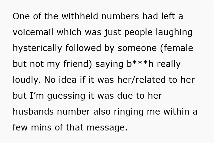 Text excerpt showing a voicemail with malicious content from a woman who suddenly turns flaky and misses a friend’s wedding. Text excerpt showing a voicemail with malicious content from a woman who suddenly turns flaky and misses a friend’s wedding.