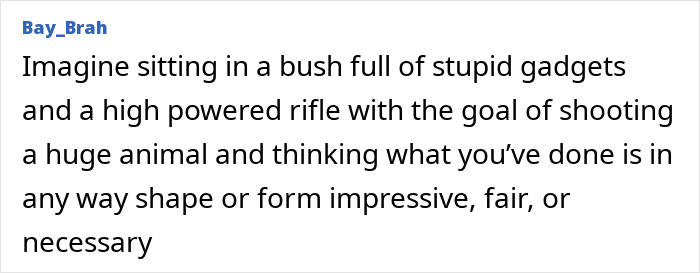 Text post criticizing trophy hunting with high-powered rifles, highlighting the irony of a millionaire trophy hunter gored by a buffalo on safari. Text post criticizing trophy hunting with high-powered rifles, highlighting the irony of a millionaire trophy hunter gored by a buffalo on safari.
