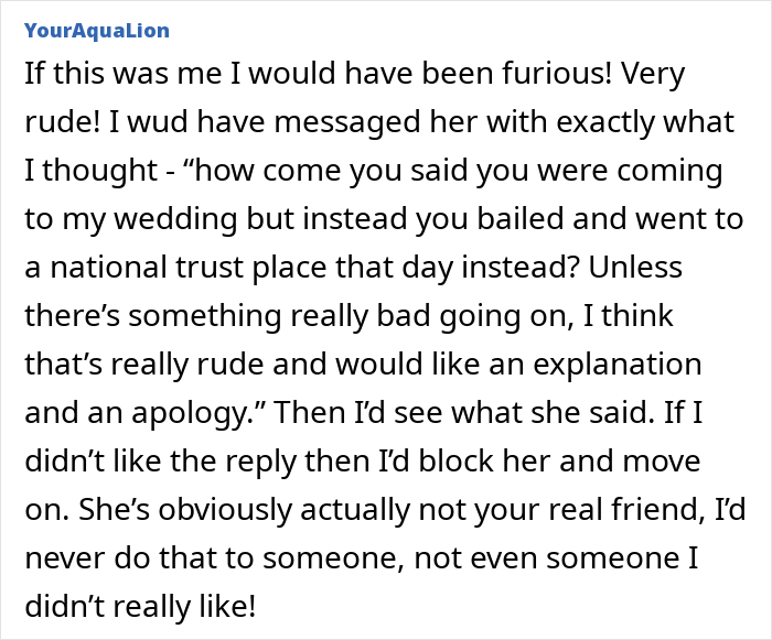 Online comment criticizing a woman who turned flaky, missed her friend’s wedding, and sent a malicious voicemail. Online comment criticizing a woman who turned flaky, missed her friend’s wedding, and sent a malicious voicemail.
