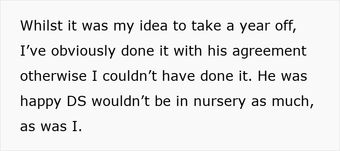 Text showing a woman on a 12-month hiatus from work discussing financial expectations from her husband. Text showing a woman on a 12-month hiatus from work discussing financial expectations from her husband.
