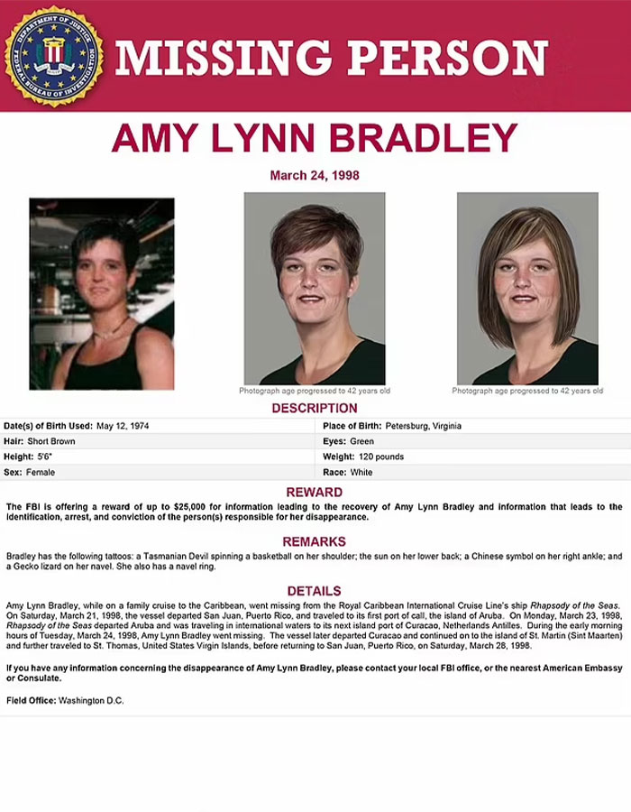 FBI missing person poster of Amy Lynn Bradley with photos and details for Amy Bradley cruise ship mystery case. FBI missing person poster of Amy Lynn Bradley with photos and details for Amy Bradley cruise ship mystery case.