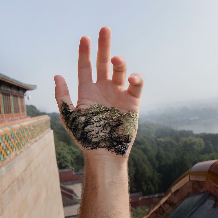 Close-up of a hand with detailed stitched landscape artwork on the skin against an outdoor scenic background.