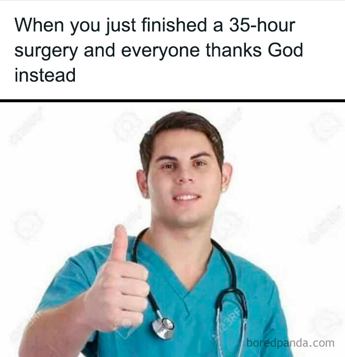 Young male doctor in blue scrubs giving thumbs up, a funny and relatable medical meme about long surgery.