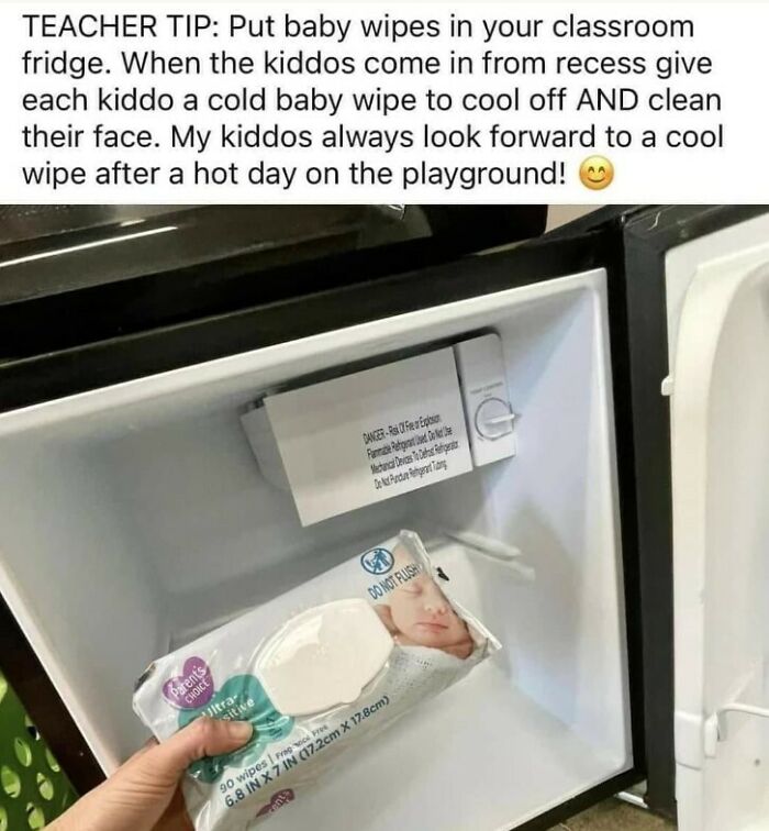 Teacher tip showing baby wipes stored in a classroom fridge for cooling kids off after recess playground activities.