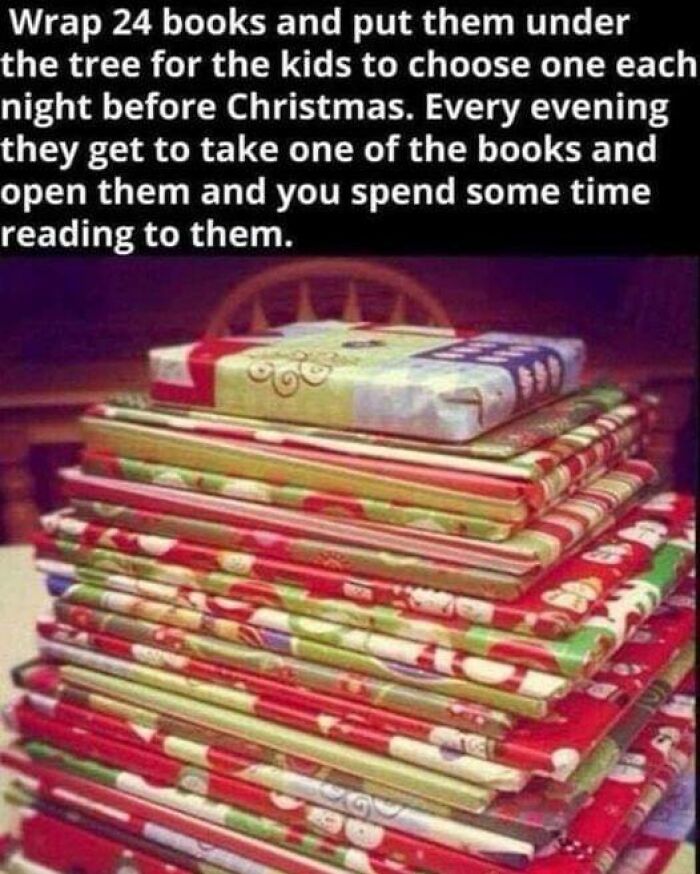 Stack of 24 books wrapped as gifts for kids, part of ingenious crafty ideas shared on a popular IG account.