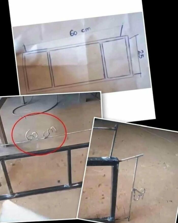 Hand-drawn blueprint and metal frame with measurements 60 cm and 25 cm, science memes humor about photosynthesis.