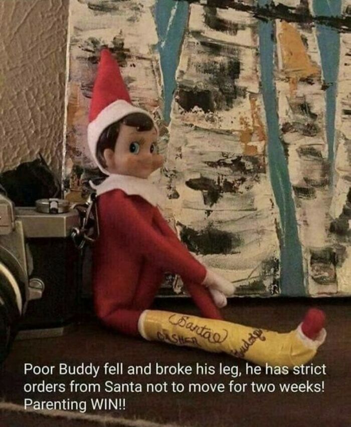 Elf on the Shelf doll with a broken leg in a cast, showcasing an ingenious crafty idea from a popular IG account.