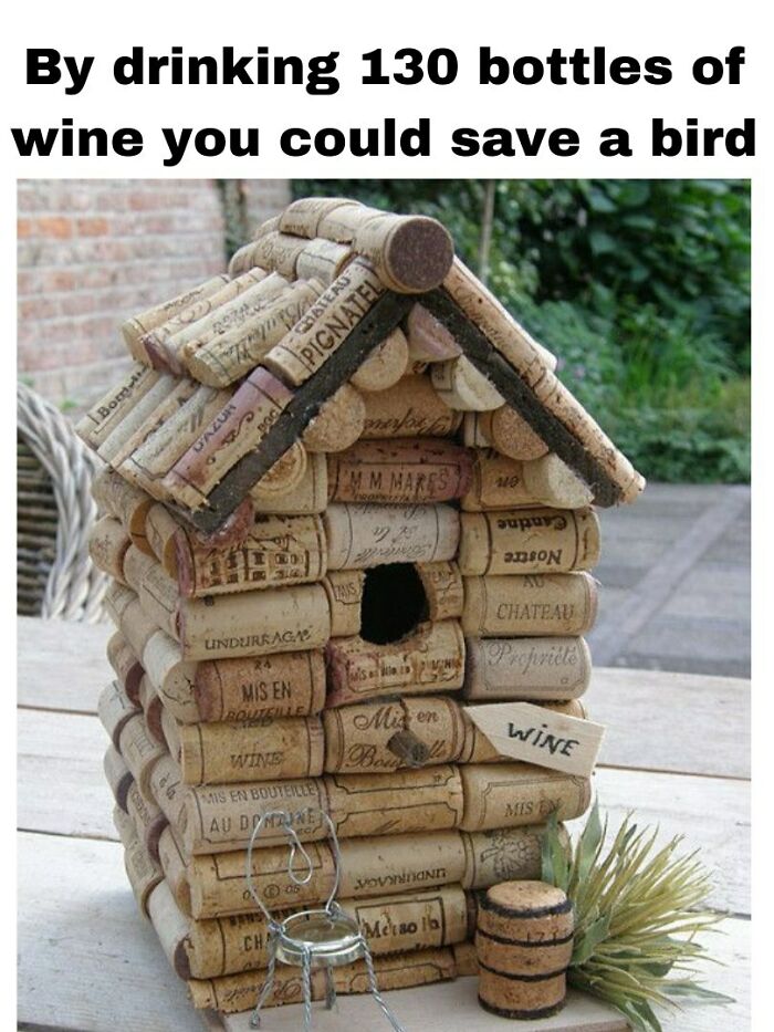Creative birdhouse made from recycled wine corks, showcasing ingenious crafty ideas from a popular IG account.