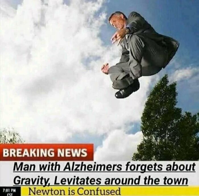 Man in suit seemingly levitates in the air, humorous science meme related to gravity and photosynthesis jokes.