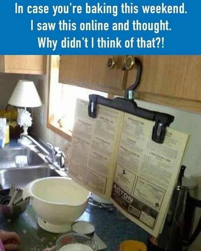 Kitchen countertop with a recipe clipped to a hanger for easy reference, showcasing ingenious crafty ideas for cooking.