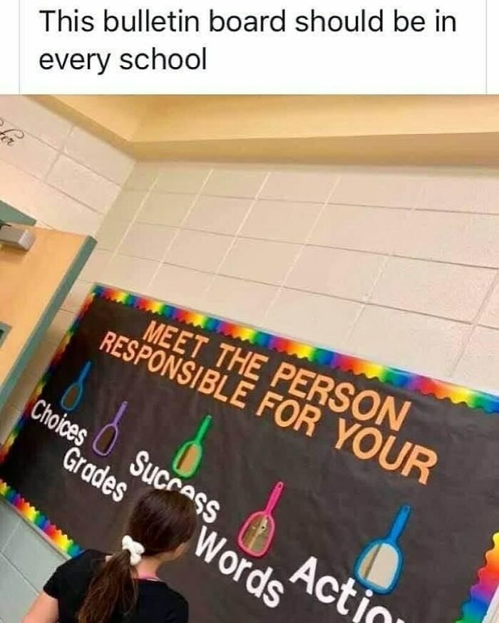 Bulletin board in a school creatively teaching personal responsibility using mirrors and colorful frames for crafty ideas inspiration.