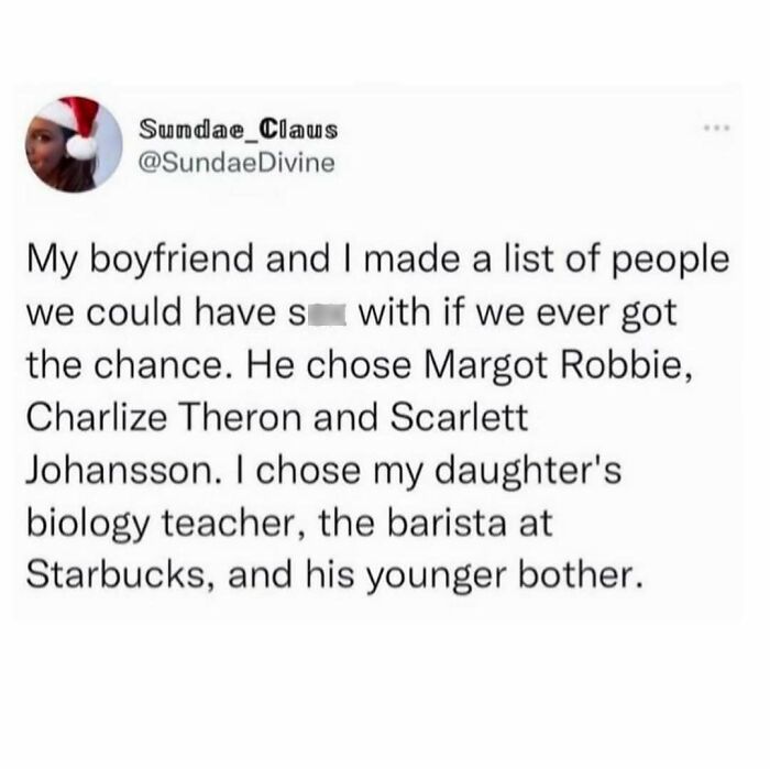 Funny parenting meme about unexpected choices in a relationship list, highlighting real-life humor every parent understands.