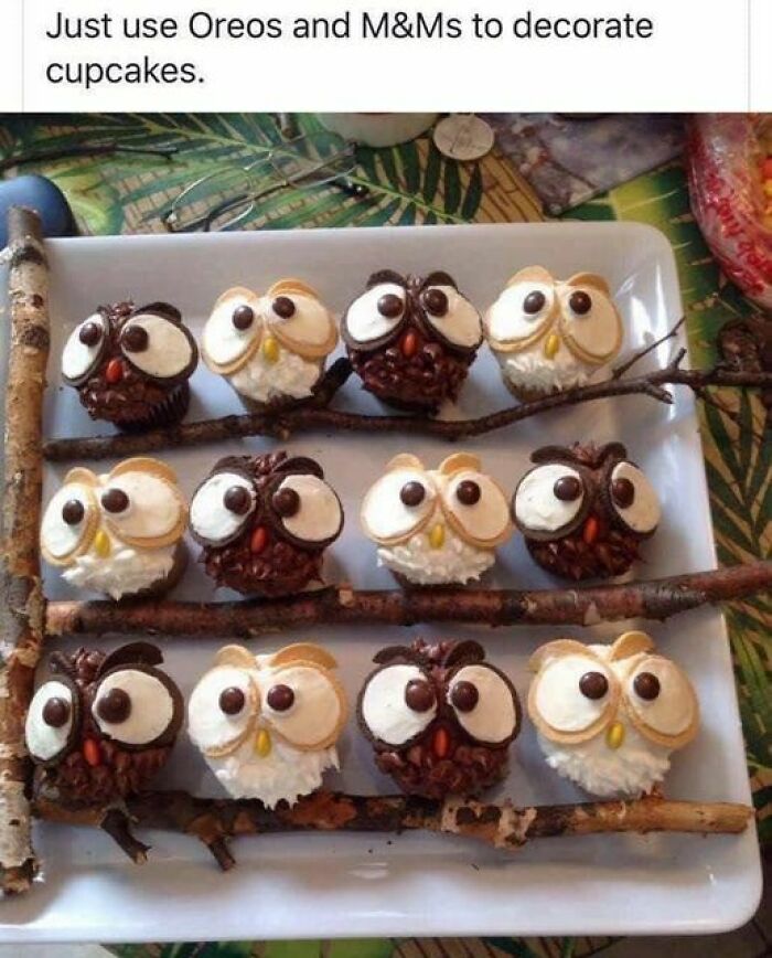 Cupcakes decorated as owls using Oreos and M&Ms, showcasing ingenious crafty ideas for creative desserts.