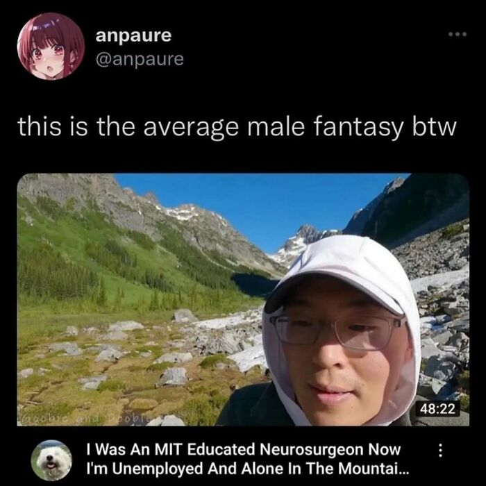 Social media science meme showing a man in a mountain setting with humor about photosynthesis and science fantasies.