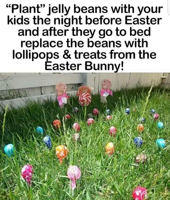 Crafty ideas for Easter: jelly beans "planted" in grass, replaced with lollipops and treats from the Easter Bunny.