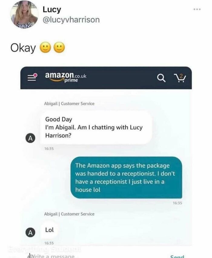 Text conversation between customer and Amazon support, sharing a funny moment that fits random memes bringing laughter and chaos.