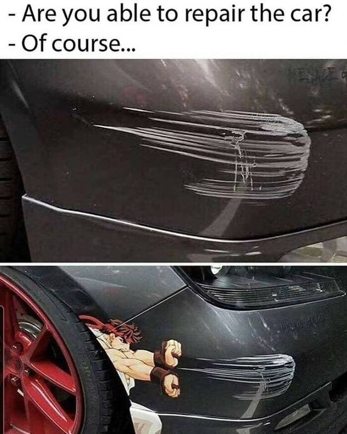 Car scratch cleverly covered with crafty anime character decal showing creative crafty ideas from IG account.