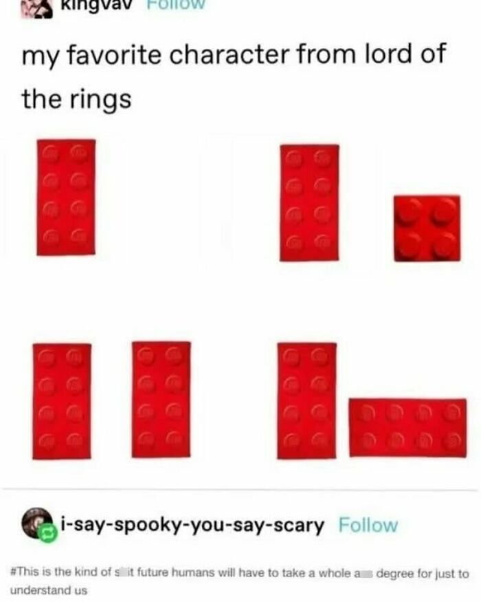 Meme showing red Lego pieces labeled as favorite Lord of the Rings characters, illustrating chaos and unfiltered fun.