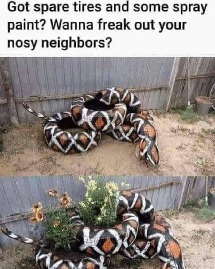 Creative crafty idea using spare tires spray painted and arranged to look like a snake for outdoor decoration and garden planters.