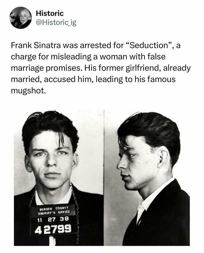 Frank Sinatra historic mugshot from arrest for seduction charge, part of interesting historic photos with fascinating stories.
