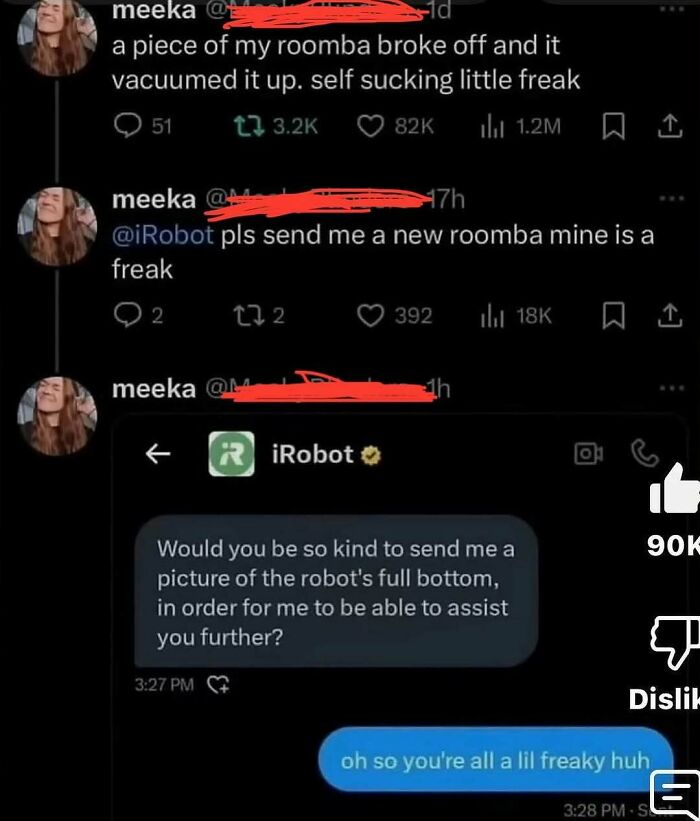 Funny social media exchange about a Roomba gone rogue, showcasing random memes that bring chaos and laughter.