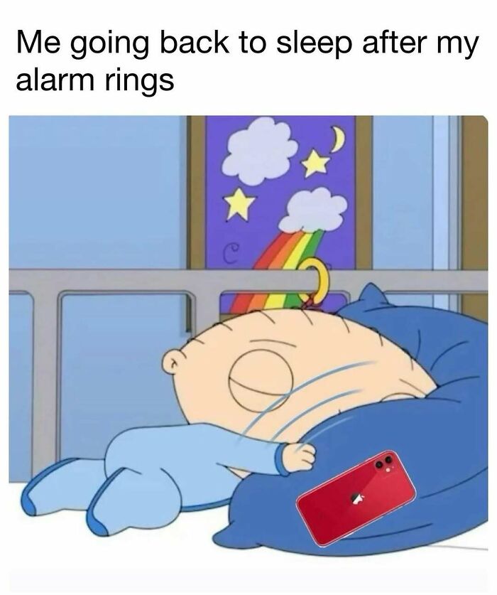 Cartoon character asleep on a pillow holding a phone, illustrating a hilarious meme for daily dose of laughter and good vibes.