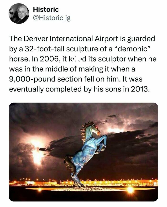 32-foot-tall demonic horse sculpture at Denver International Airport with a dark cloudy sky, part of historic photos and stories.
