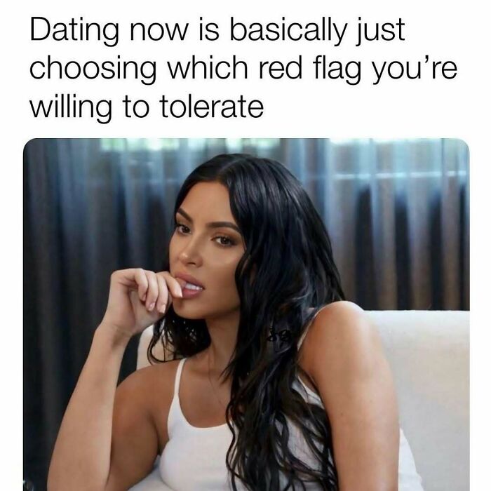 Woman sitting on a couch with caption about dating red flags, illustrating introvert-worthy memes about modern relationships.