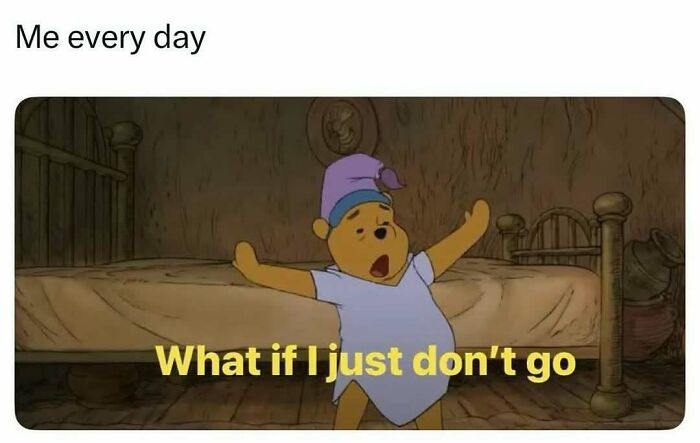 Winnie the Pooh in nightcap yawning in bed with text reflecting introvert-worthy memes about staying in.