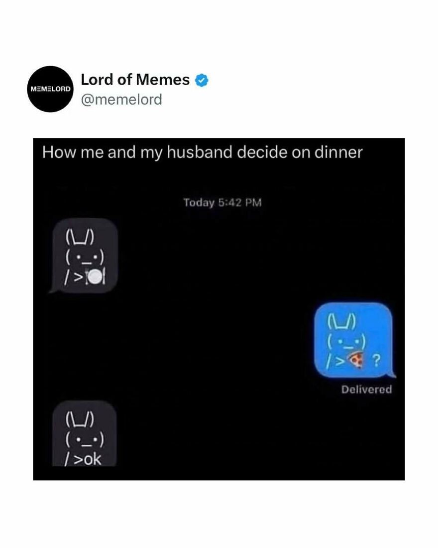 Text meme showing a humorous conversation with ASCII art about deciding dinner, featured in memes to break doomscrolling.