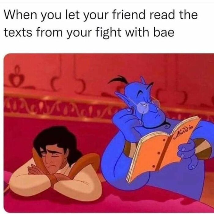 Animated scene from Aladdin showing Genie reading a book while Aladdin looks upset, a funny meme about relatable moments.