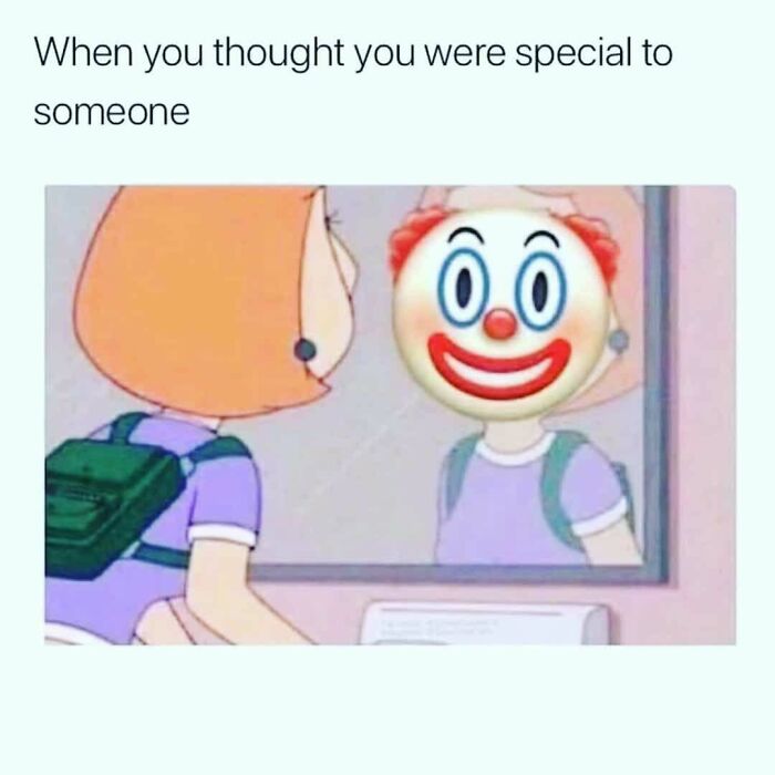 Cartoon character looking in a mirror with a clown face emoji, illustrating funny memes that hit too real feelings.
