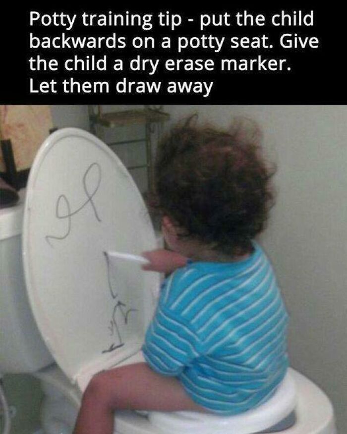Toddler using a dry erase marker on a toilet seat as a crafty potty training idea from an ingenious IG account.