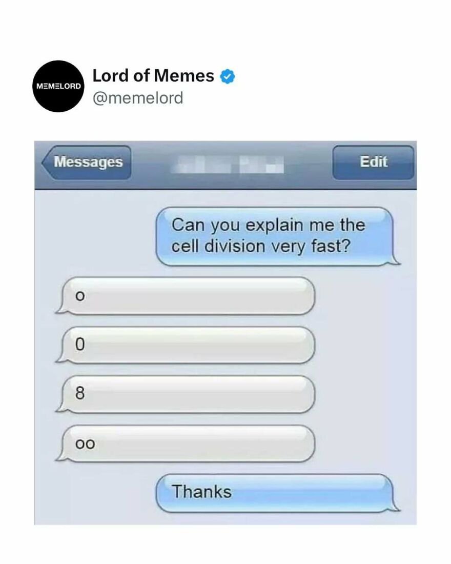 Text message meme from Lord of Memes humorously explaining cell division with shapes, related to memes breaking doomscrolling cycle.
