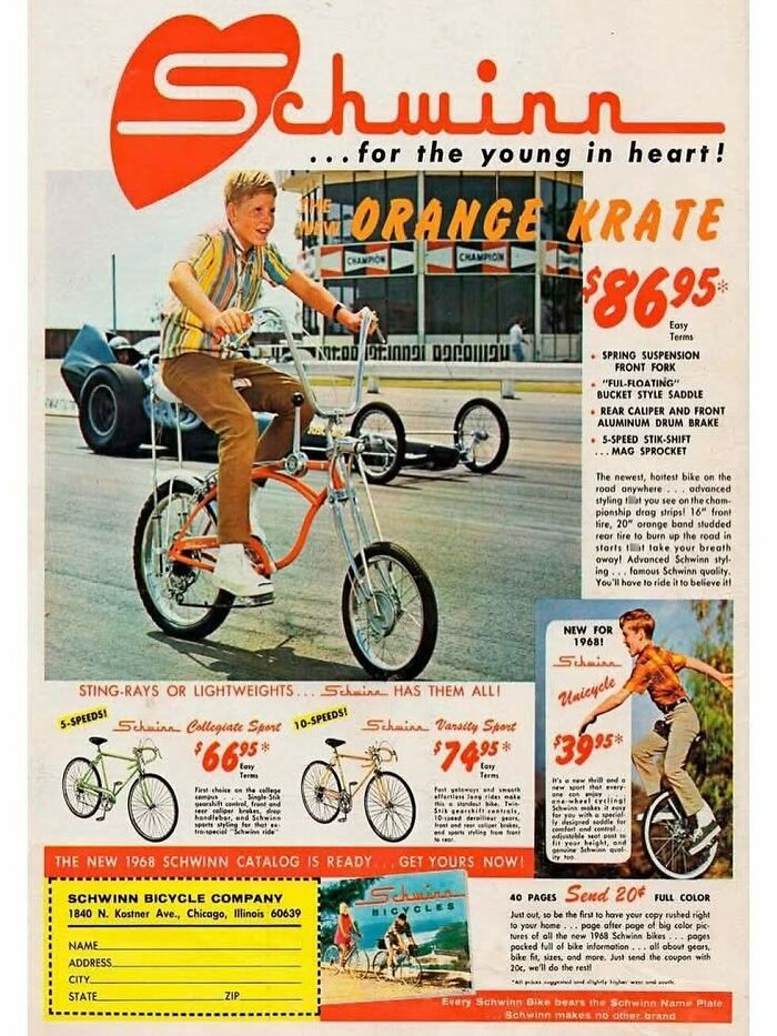 Vintage Schwinn bike ad featuring a boy riding a bright orange Krate model from the June Cleavers vintage closet era.