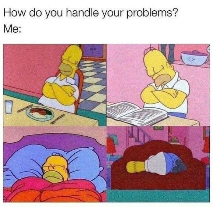 Homer Simpson sleeping and ignoring problems in funny memes that hit the too real part of the brain.