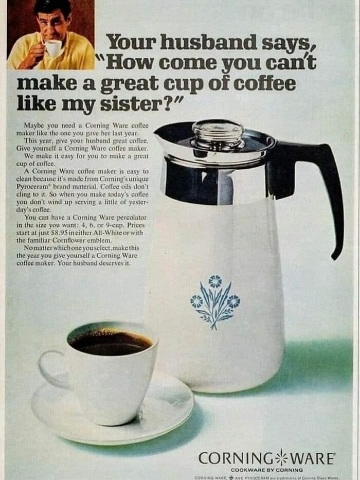 Vintage Corning Ware coffee pot and cup in a classic kitchen setting from June Cleavers vintage closet era.